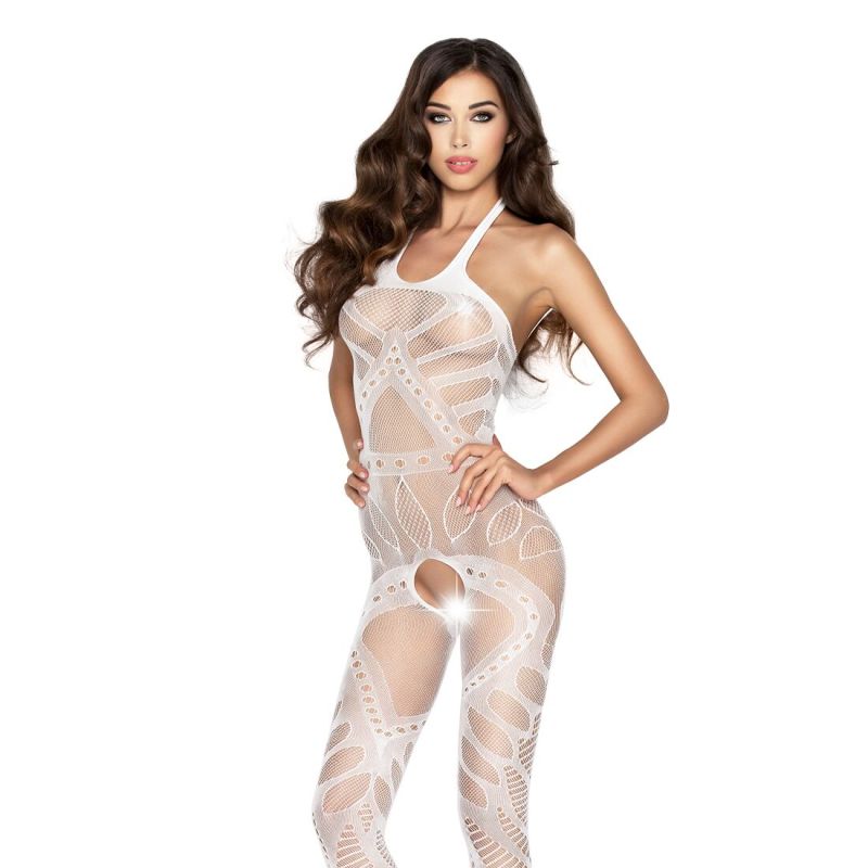 Розпродаж!!! Бодістокінг Passion BS037 white, комбінезон, відкрита спина, халтер