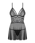 Еротичний мереживний комплект із сіточкою Obsessive 838-BAB-1 babydoll & thong black XXL, чорний, пе