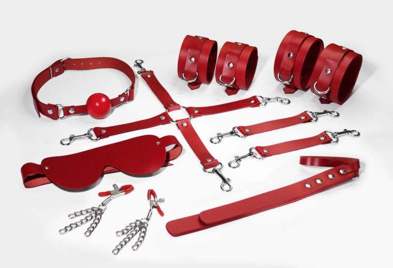 Набор Feral Feelings BDSM Kit 7 Red, наручники, поножи, коннектор, маска, падл, кляп, зажимы