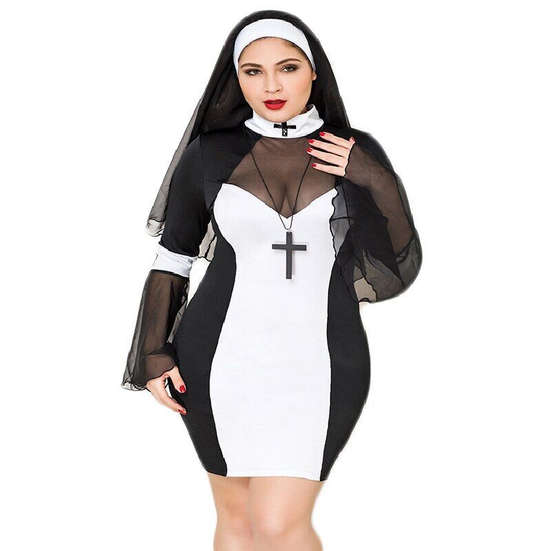 Эротический костюм монахини JSY «Грешница Лола» Plus Size Black, платье, крест, апостольник