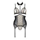 Корсет з відкритими грудьми Passion DOMINICA CORSET S/M beige, пажі для панчіх, стрінги