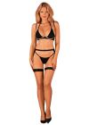 Комплект білизни Obsessive Selinne 3-pcs set M/L Black, бюстгальтер, стрінги пояс для панчіх